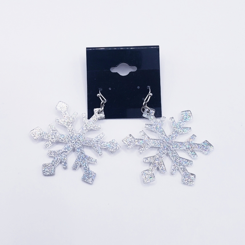 Fun Cute Holographic Silver Snowflake Holiday Dangly Earrings